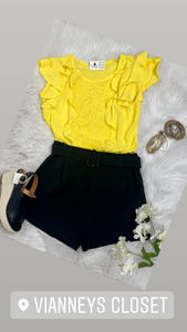 Yellow Lace Short Sleeve Ruffled Top