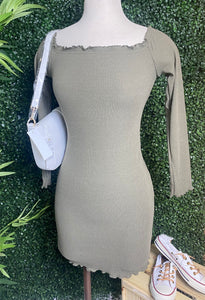 Olivia Olive Green Lettuce Trim Off The Shoulder Dress