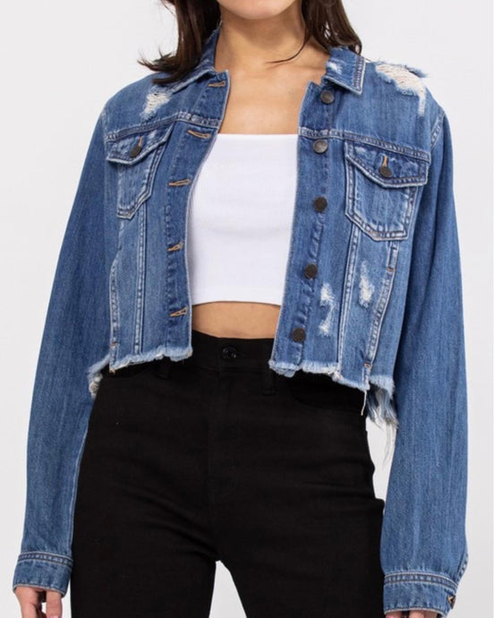 Dessi Crop Medium Wash Distressed Frayed Hem Denim Jacket