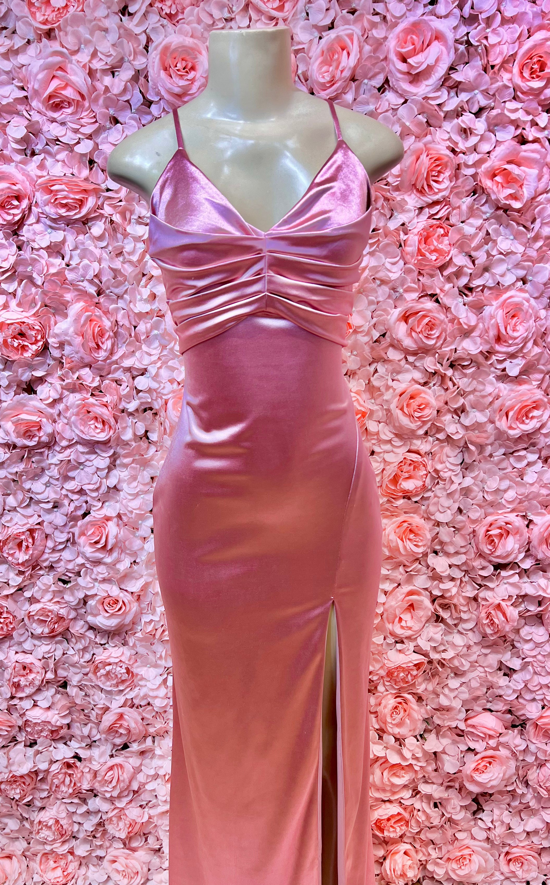 Chanel Pink Satin Spaghetti Strap Side Slit Maxi Dress S / Pink / 90%Polyester10%Spandex Chanel Pink Satin Spaghetti Strap Side Slit Maxi Dress S / Pink / 90%Polyester10%Spandex