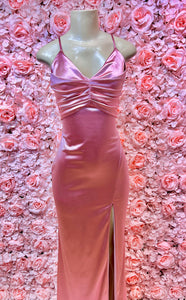 Chanel Pink Satin Spaghetti Strap Side Slit Maxi Dress
