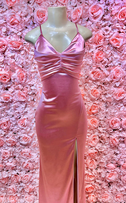 Chanel Pink Satin Spaghetti Strap Side Slit Maxi Dress