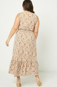 Penelope Brown Plus Size Floral Smock Neck Maxi Dress