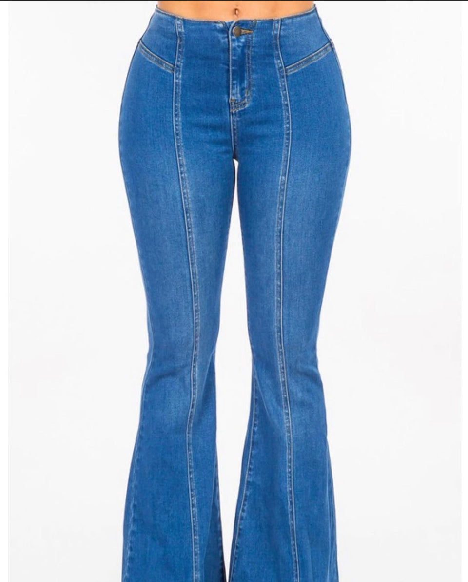 Medium Wash High Waist Pull on Flare Jeans