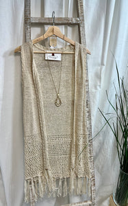 Beige Fringe Sleeveless Woven Cardigan