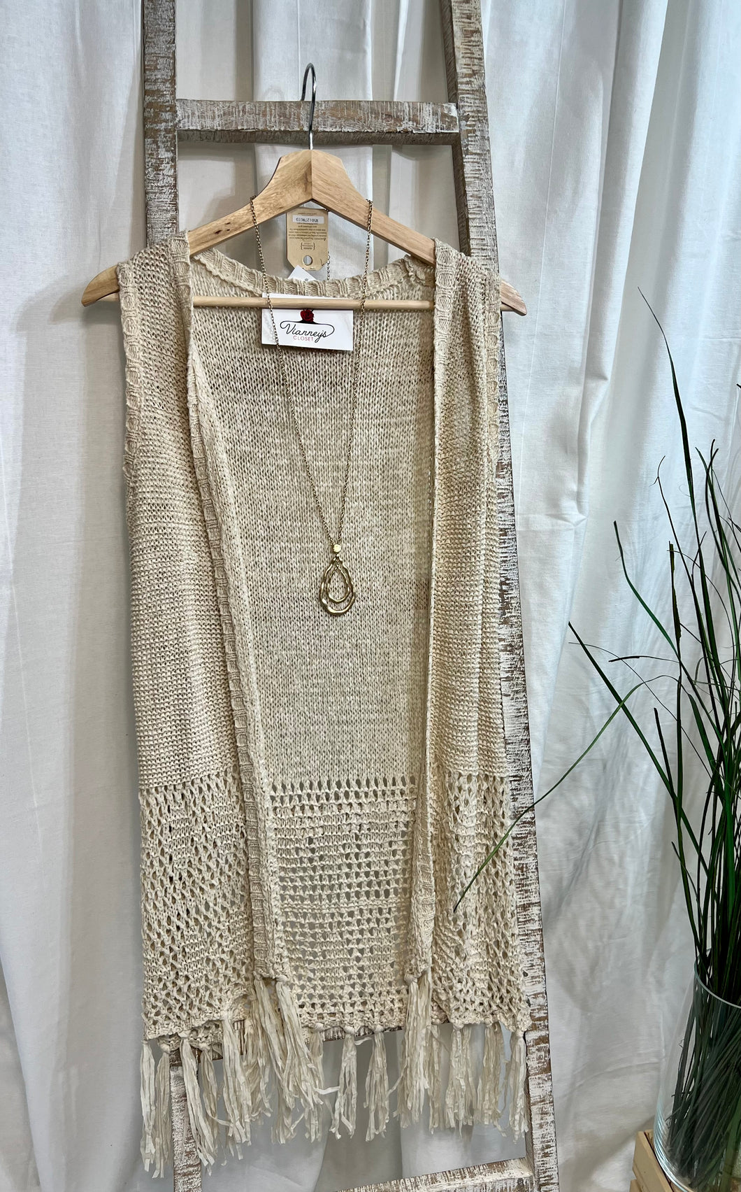 Beige Fringe Sleeveless Woven Cardigan