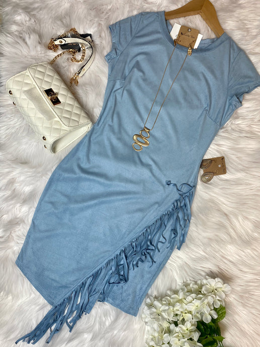 *CLEARANCE* Gracie Blue Velvet with Fringes Dress