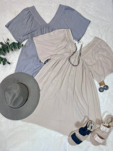 Lucia Grey or Natural V Neck Short Sleeve Flowy Dress