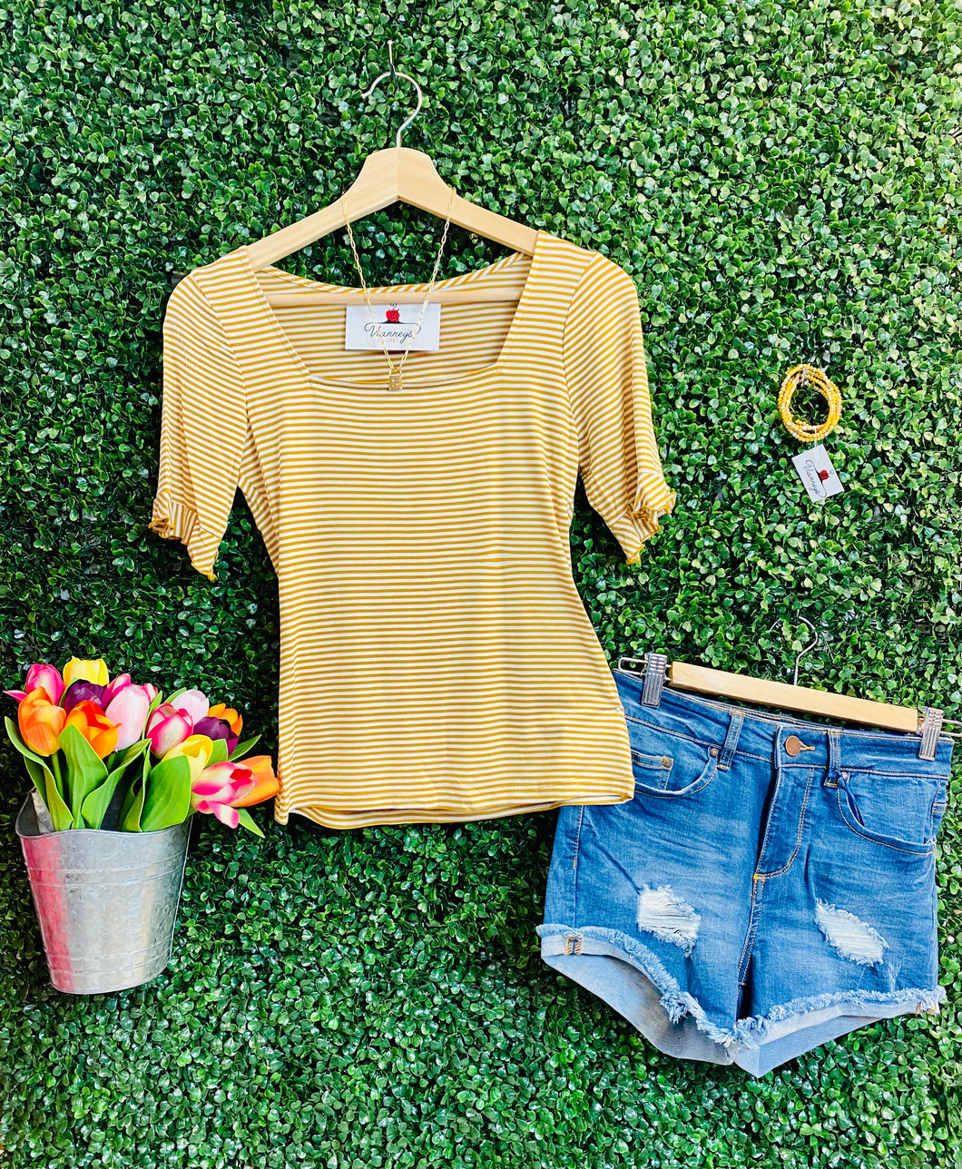 Yellow Square Neckline Stripes Top