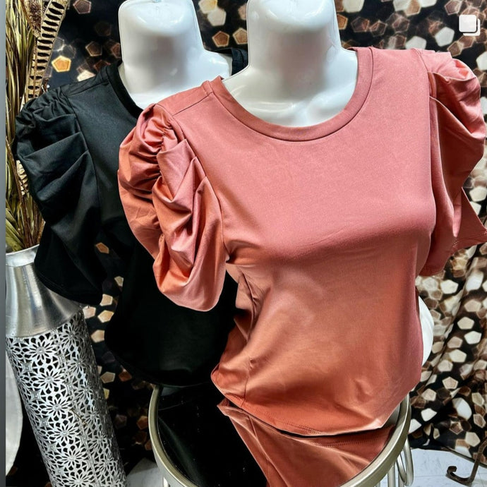 Black or Mauve Ruffled Short Sleeve Top