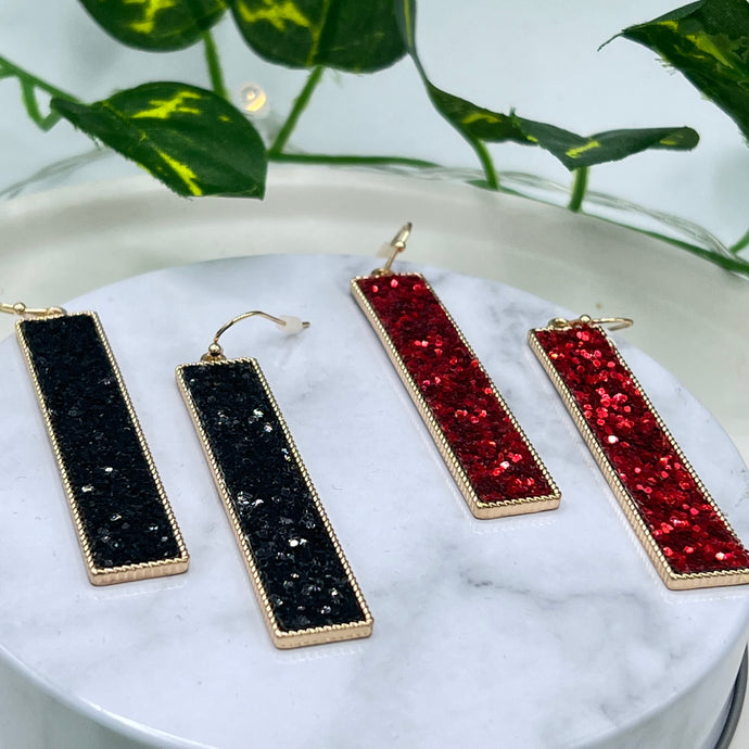 Red or Black Gold Fishhook Sparkly Rectangular Dangly Earrings