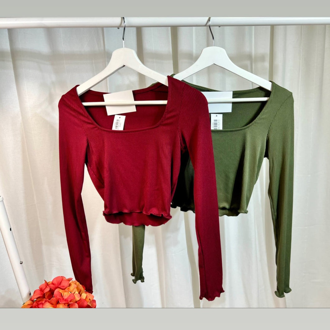 Amie Green or Wine-Red Lettuce Hem Long Sleeve Square Neckline Crop Top