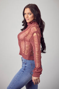 Marsala Tear down effect Crop Sweater