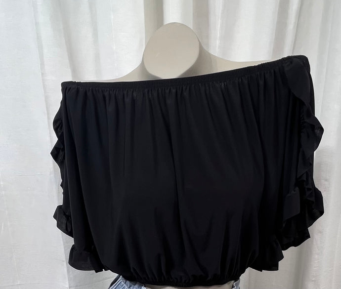 Black Off the Shoulder Ruffled Short Sleeve Crop Top