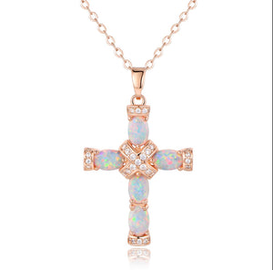 Rose Gold Opal Cross Charm Necklace