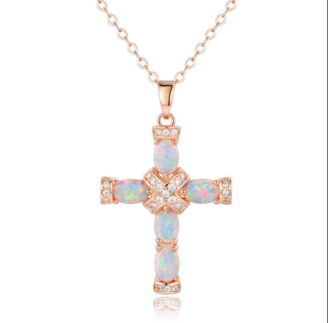 Rose Gold Opal Cross Charm Necklace