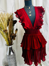 Load image into Gallery viewer, Burgundy  Ruffled Tiered Sleeve Short Dress