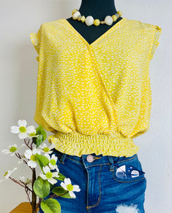 Yellow Ditsy Ruffle Short Ruffle Sleeve Top