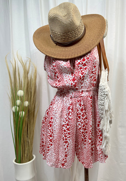 Jossie Red and White Leaf Print Halter Romper