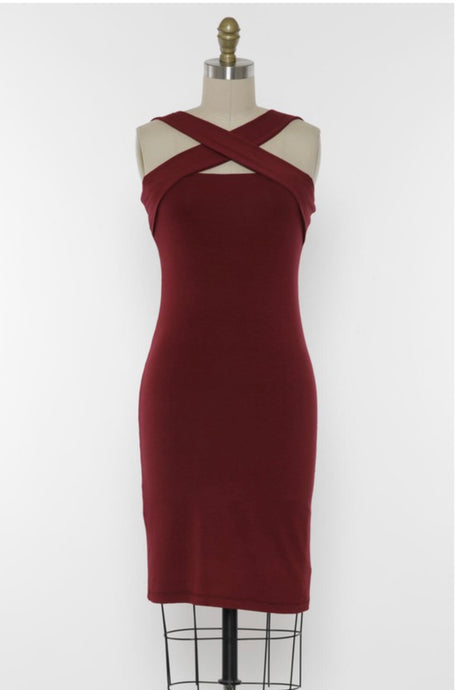 Cabernet Stretchy Cross Neck Bodycon Dress