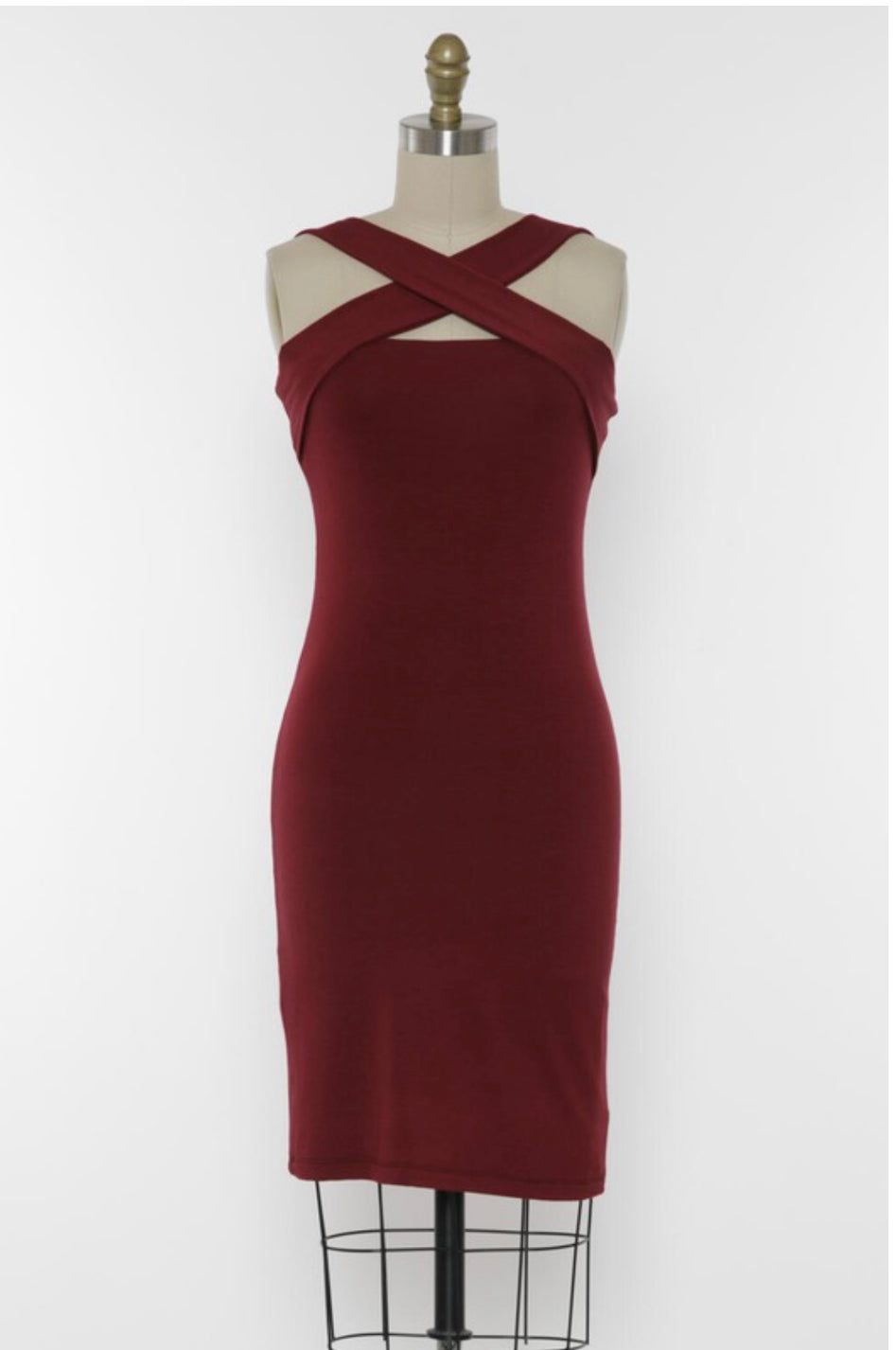 Cabernet Stretchy Cross Neck Bodycon Dress