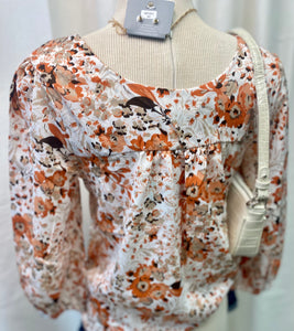 Rust Missy Square Neck Floral Gathered Detail Top