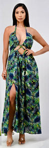 Tania Leaf Print Self Tie Maxi Dress w/ Side Slit