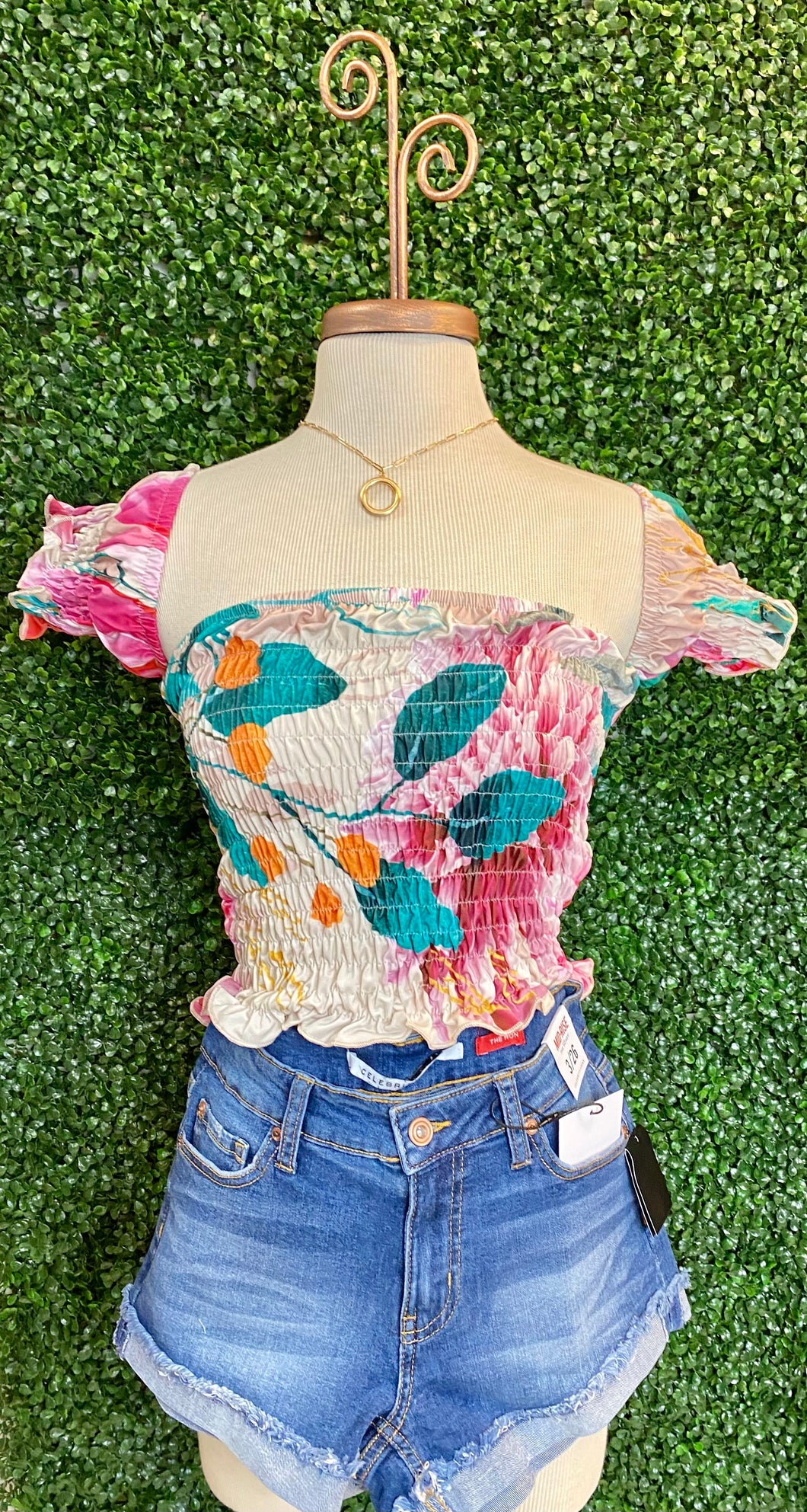 Multicolor Smocked Crop Top With Attached Sleeves