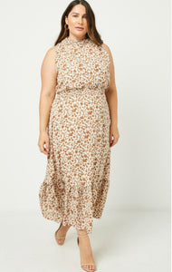 Penelope Brown Plus Size Floral Smock Neck Maxi Dress