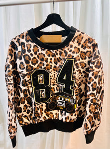 Mocha Animal Print Embellished 84' Round Neck Silky Long Sleeve Top