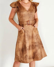 Load image into Gallery viewer, Mocha Stonewash Faux Suede Ruffle Sleeve Dress