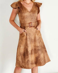 Mocha Stonewash Faux Suede Ruffle Sleeve Dress