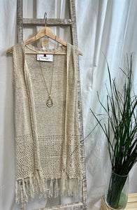 Beige Fringe Sleeveless Woven Cardigan