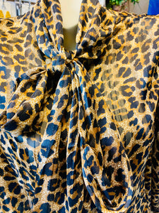 Leopard Print Long Sleeve Self Tie Blouse