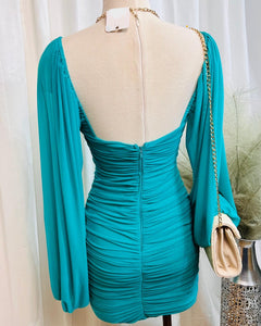 Jazmine Teal Bubble Sleeve Mesh Mini Dress