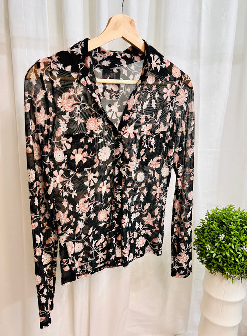 Nahomi Black or White Floral Print Long Sleeve Mesh Blouse