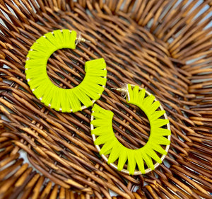 Danna Lime Green Raffia Hoop Push Back Earrings