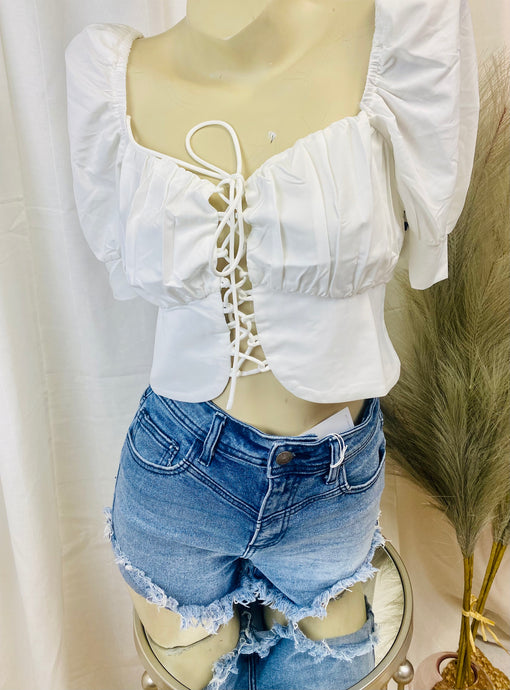 Lexi Off White Lace-Up Puff Sleeve Crop Top