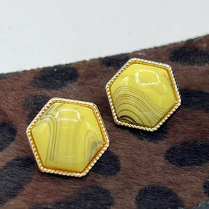 Yellow, Teal, Grey Pentagon, Marbleized Small Stud Gold Dipped Earrings