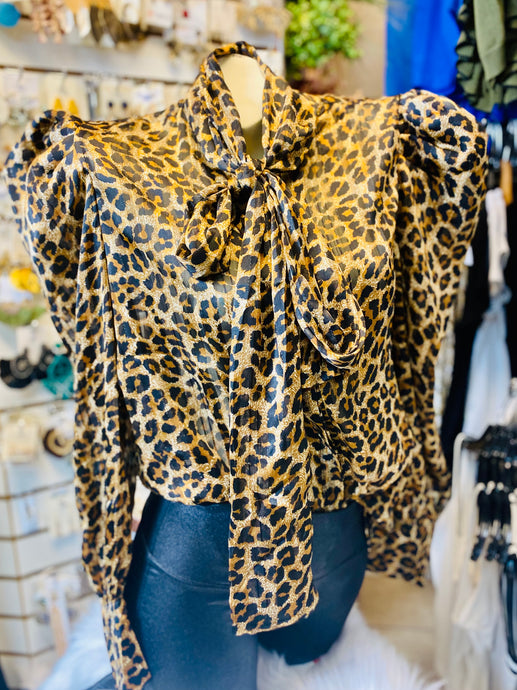 Leopard Print Long Sleeve Self Tie Blouse