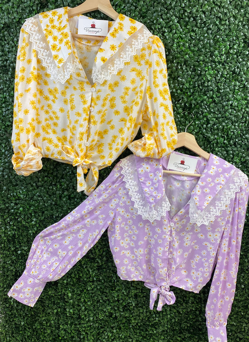 *CLEARANCE* Felicia Lilac or Yellow Front Tie Collar Top