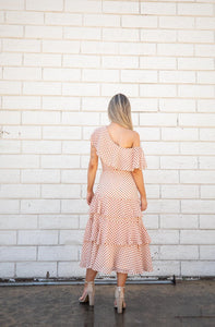 Chelsey Chiffon Polka Dot Ruffled One Shoulder Midi Dress