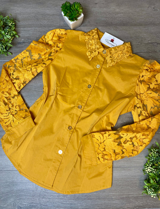 Alina Mustard Button Up Lace Blouse