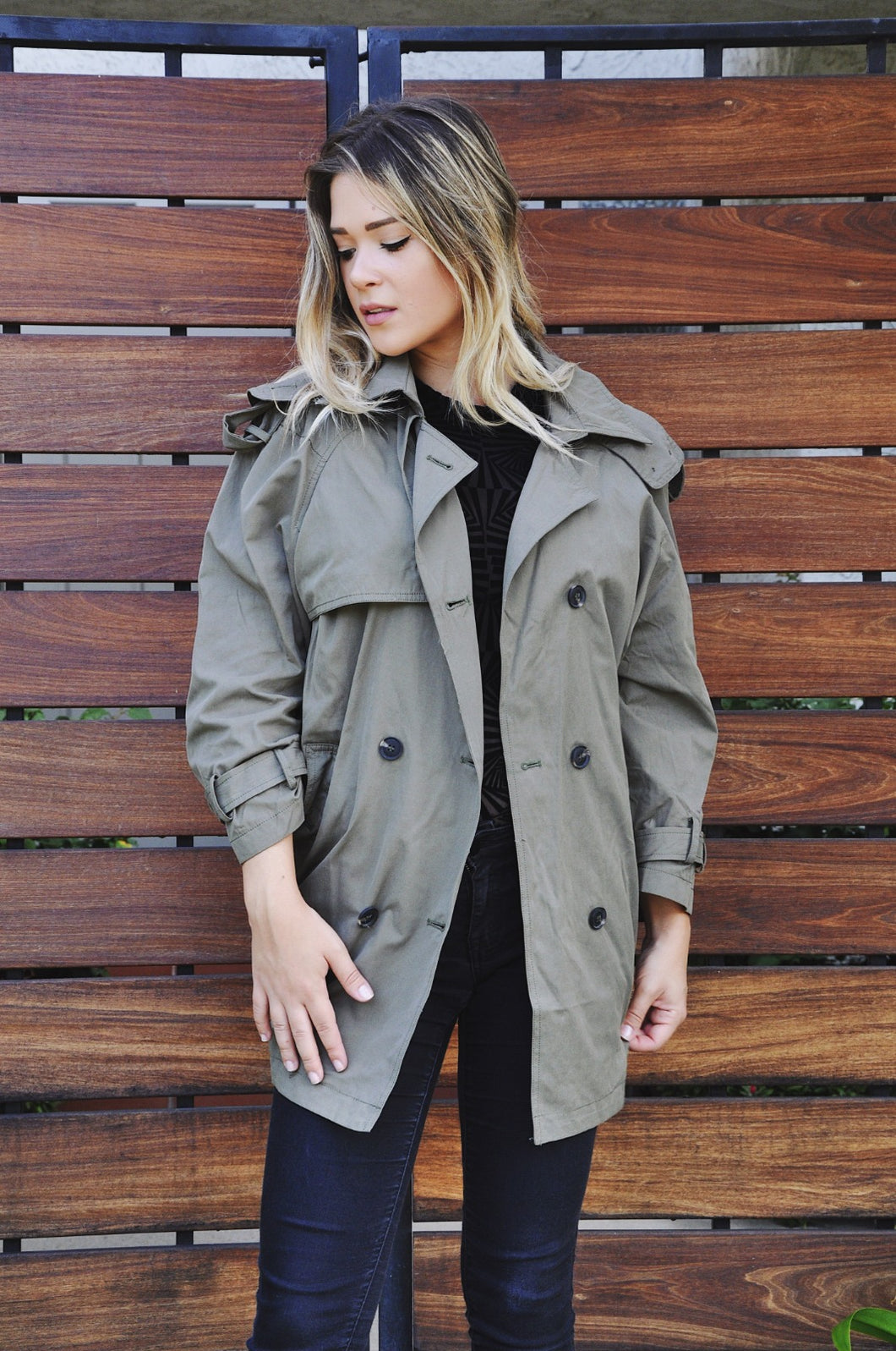 Jazmine Olive Green Hooded  Self Tie Trench Coat