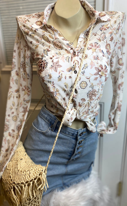 Nahomi Black or White Floral Print Long Sleeve Mesh Blouse