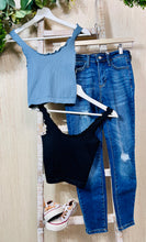 Load image into Gallery viewer, slate Blue or Black One Size Lettuce Edge Hem Crop Tank Top