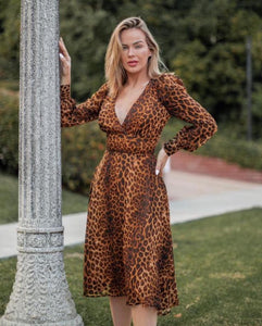 Cristina Animal Print Long Sleeve V Neck Midi Dress