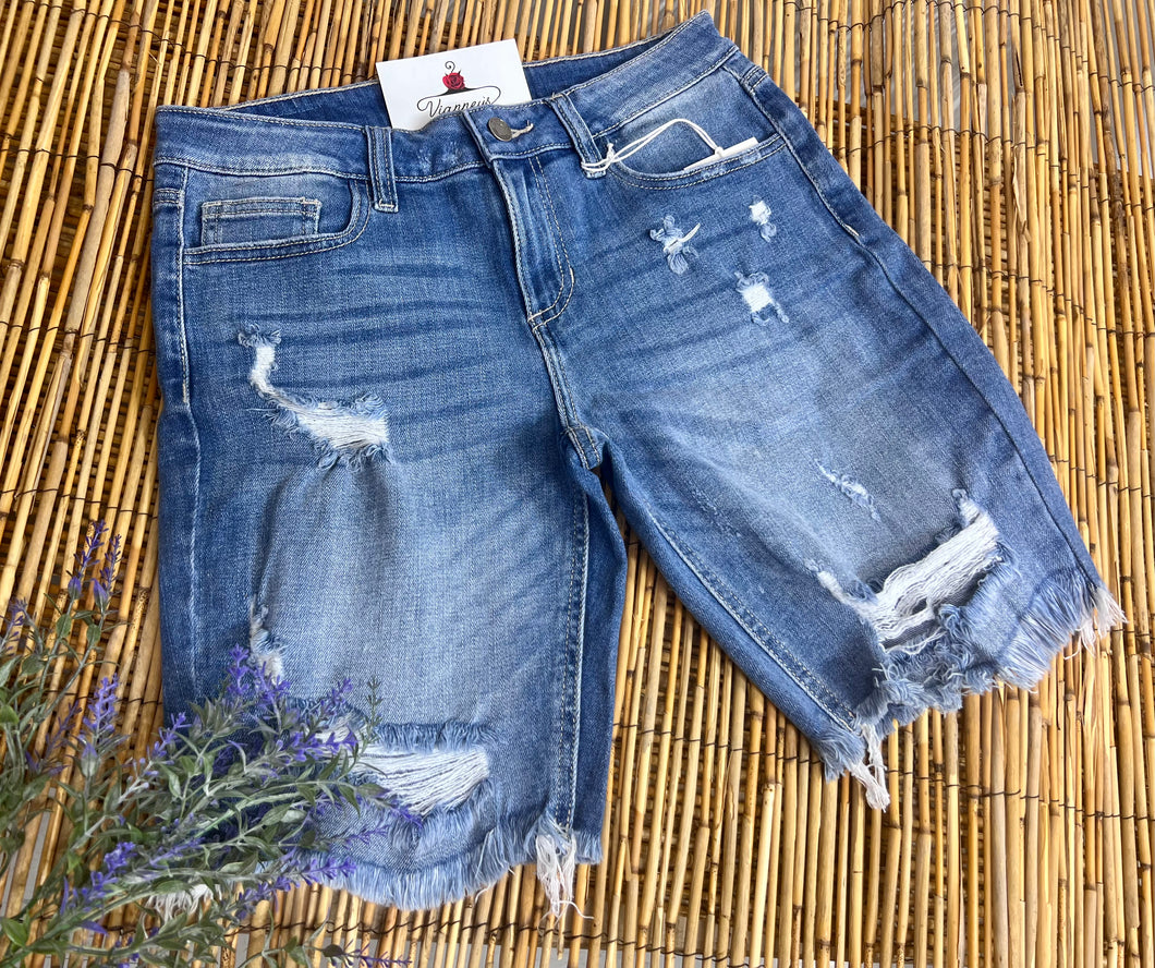 Breanna Bermuda Distressed 5 Pocket Light Blue Denim Shorts