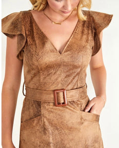 Mocha Stonewash Faux Suede Ruffle Sleeve Dress