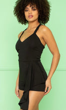 Load image into Gallery viewer, Christie Black Techno Crepe Ruffle Hem Spaghetti Strap Romper